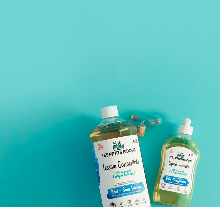 Gamme Bébé sans parfum Les Petits Bidons – lessive concentrée et liquide vaisselle 100% d’origine naturelle, doux pour la peau fragile des tout-petits