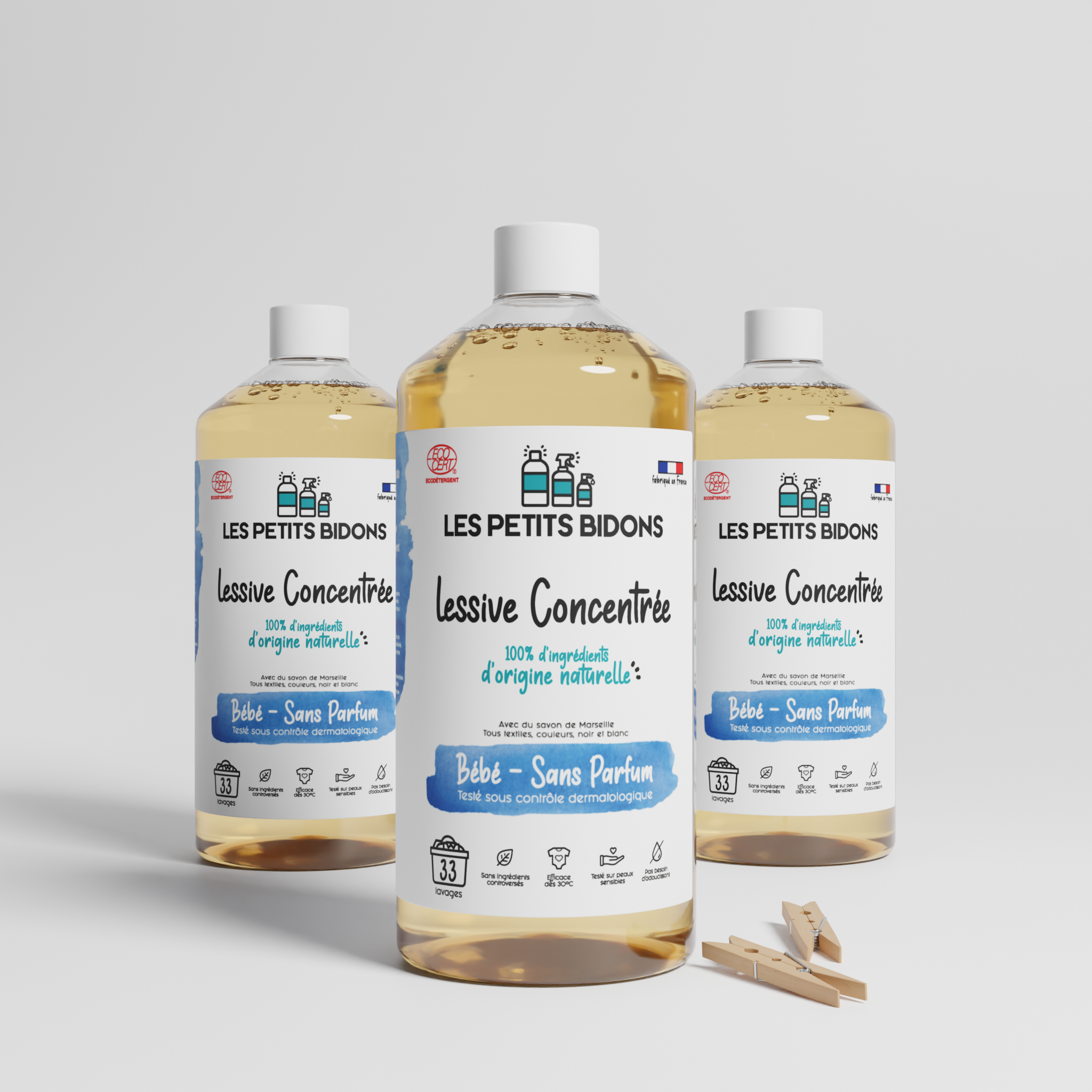 Lot de 3 lessives concentrées bébé sans parfum 100% d'origine naturelle - Les Petits Bidons