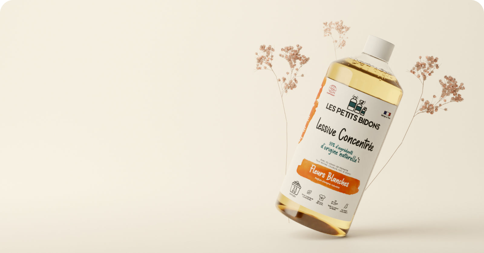 Lessive concentrée fleurs blanches Les Petits Bidons 99,6% d’ingrédients d’origine naturelle, 1L – efficace à basse température et adaptée aux peaux sensibles