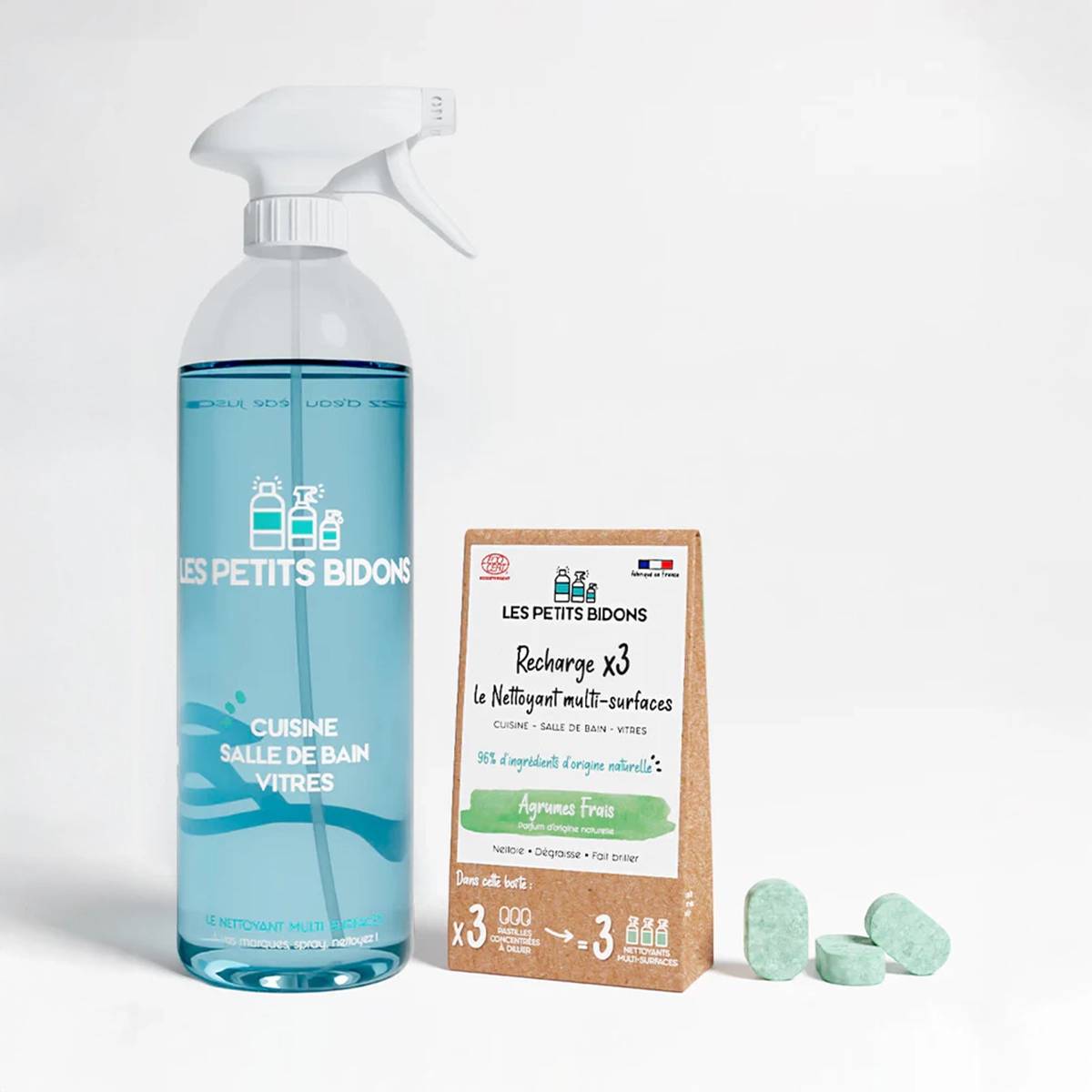 Kit nettoyant multi-surfaces Les Petits Bidons avec 3 pastilles concentrées 96% d'origine naturelle – efficace et écologique pour nettoyer toutes les surfaces de la maison