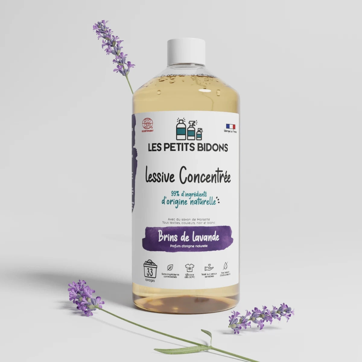 Lessive concentrée lavande Les Petits Bidons 99,6% d’origine naturelle, 1L – efficace à basse température et adaptée aux peaux sensibles