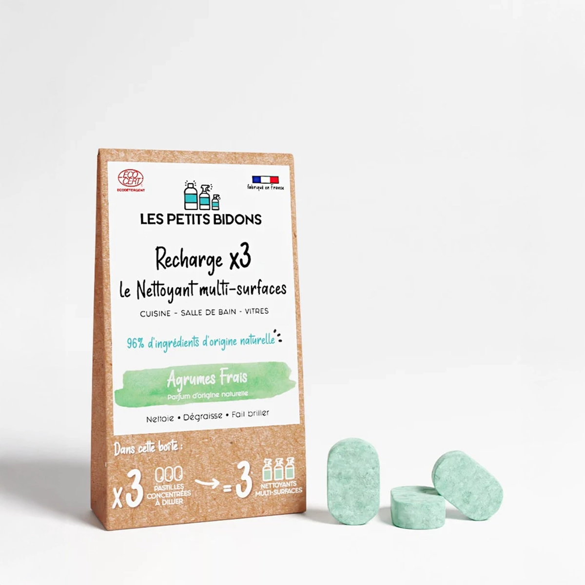 Lot de 3 recharges multi-surfaces Les Petits Bidons – pastilles concentrées d’actifs nettoyants 96% d'origine naturelle, pratiques et écologiques pour toutes les surfaces de la maison