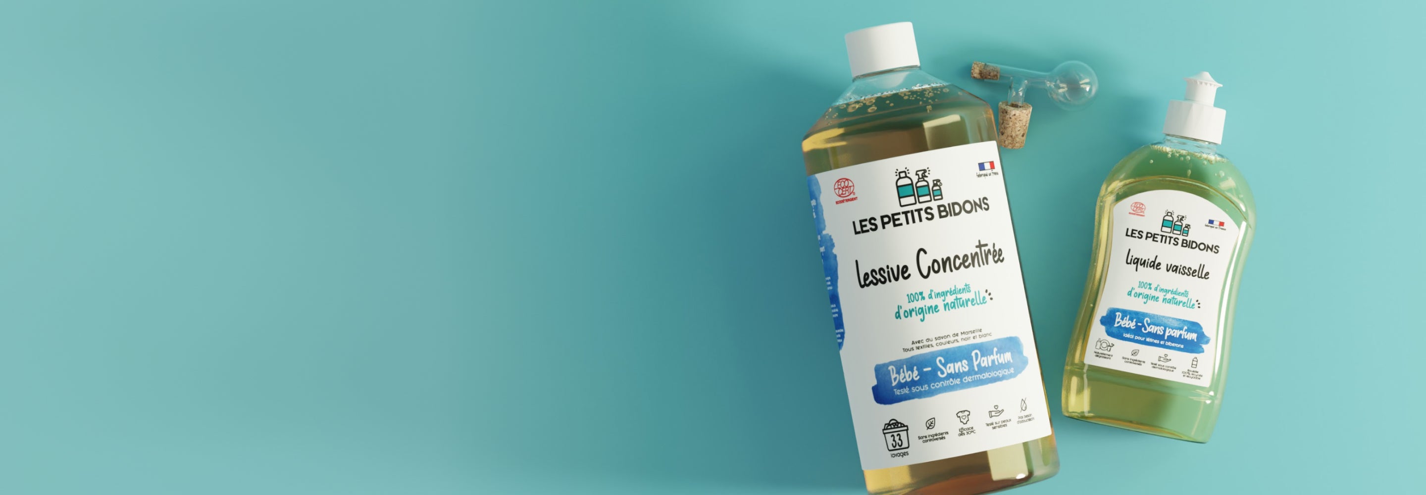 Gamme Bébé sans parfum Les Petits Bidons – lessive concentrée et liquide vaisselle 100% d’origine naturelle, doux pour la peau fragile des tout-petits