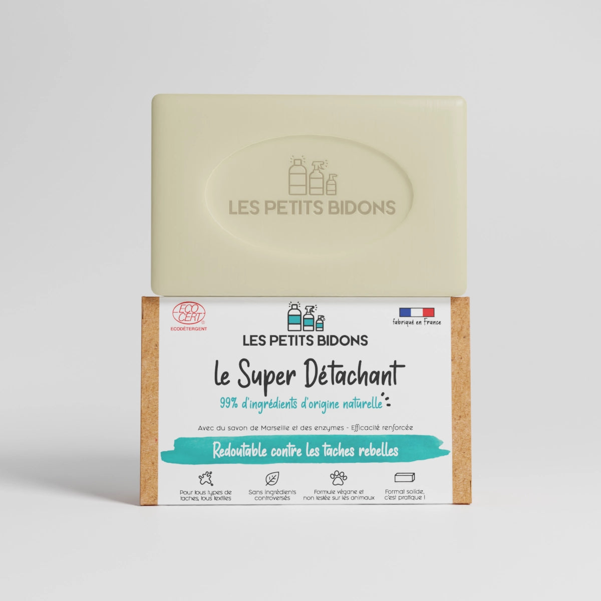 Super Détachant Les Petits Bidons 99% d’origine naturelle – savon solide détachant efficace contre les taches tenaces, pratique et zéro plastique