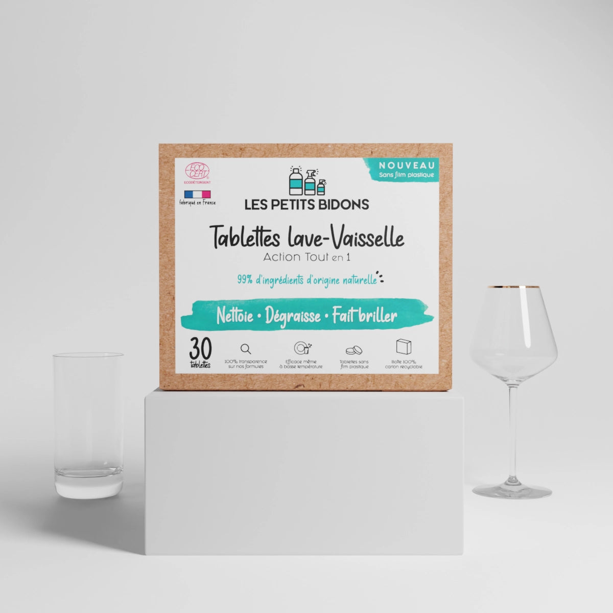 Tablettes lave-vaisselle tout-en-un Les Petits Bidons 99% d'ingrédients d'origine naturelle, 30 pastilles - nettoient, dégraissent et font briller la vaisselle