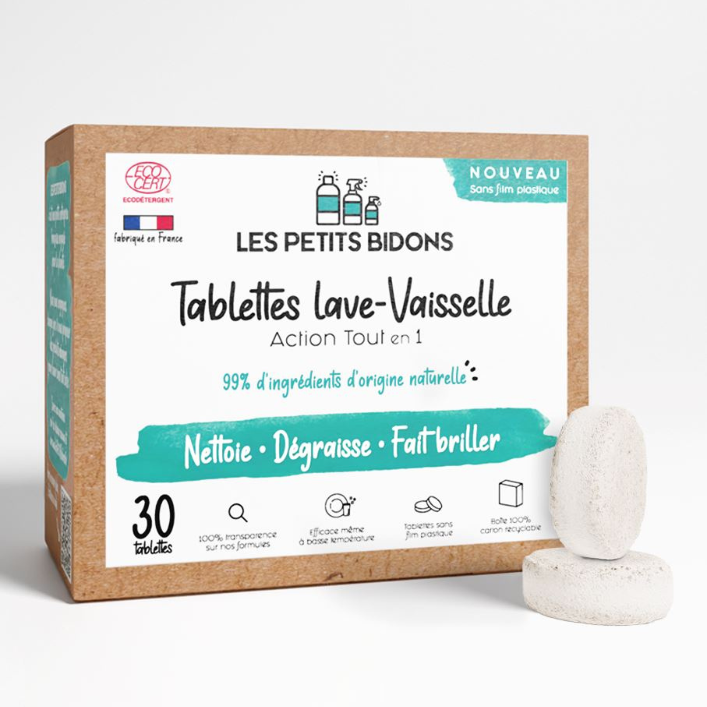 Tablettes lave-vaisselle tout-en-un Les Petits Bidons 99% d'ingrédients d'origine naturelle, 30 pastilles - nettoient, dégraissent et font briller la vaisselle