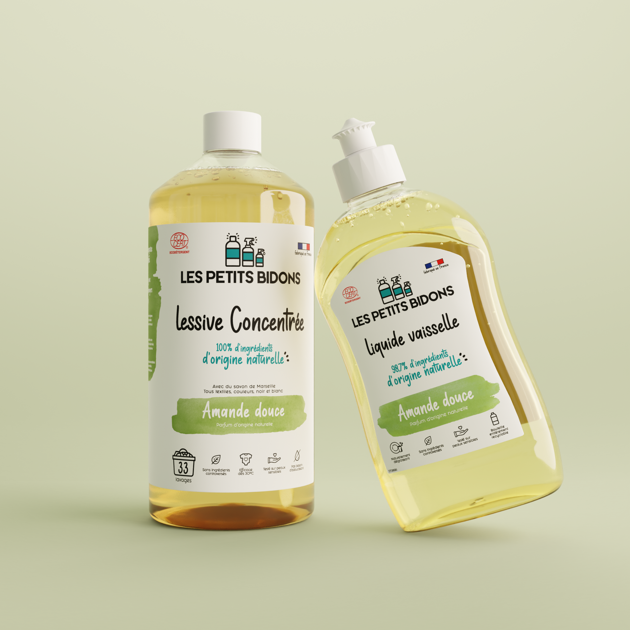 Amande Douce / 500ml Liquide Vaisselle Ecologique (500ml) + Amande Douce / 1L = 33 lavages Lessive Concentrée 1L (33 lavages)