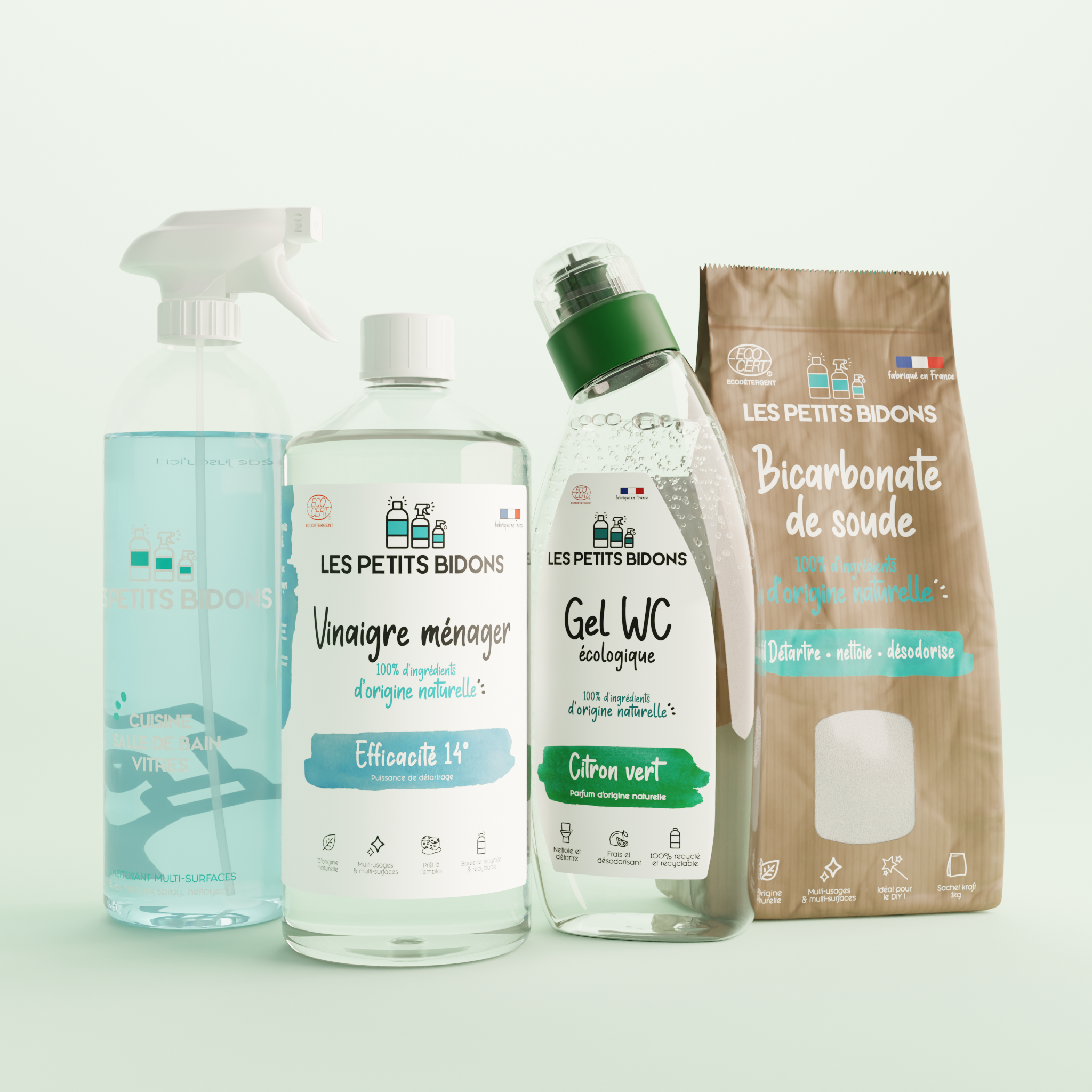 14° / 1L Vinaigre Ménager Multi-usages 14° 1L + Citron Frais Gel WC naturel (3 en 1) + Multi-usages Bicarbonate de soude + Agrumes frais Kit Nettoyant Multi-Surfaces + 3 recharges