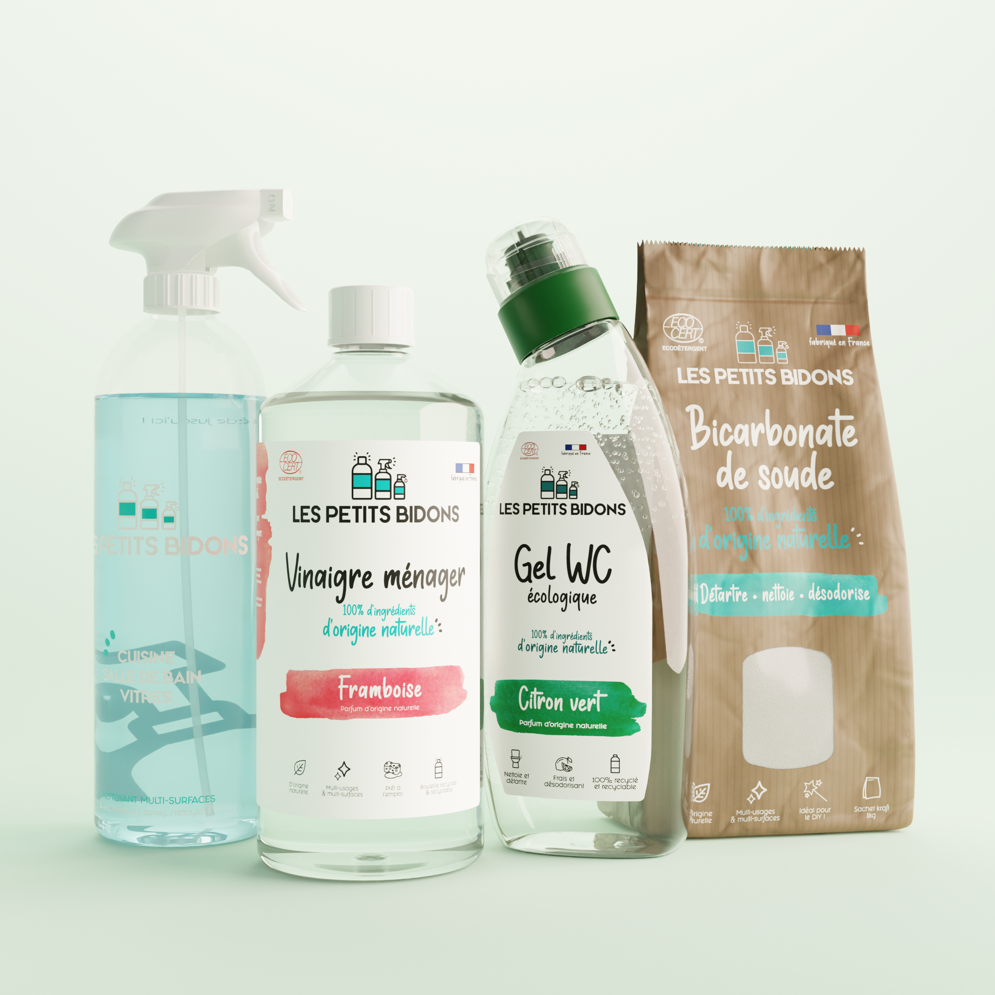 Framboise / 1L Vinaigre Ménager Multi-usages 14° 1L + Citron Frais Gel WC naturel (3 en 1) + Multi-usages Bicarbonate de soude + Agrumes frais Kit Nettoyant Multi-Surfaces + 3 recharges