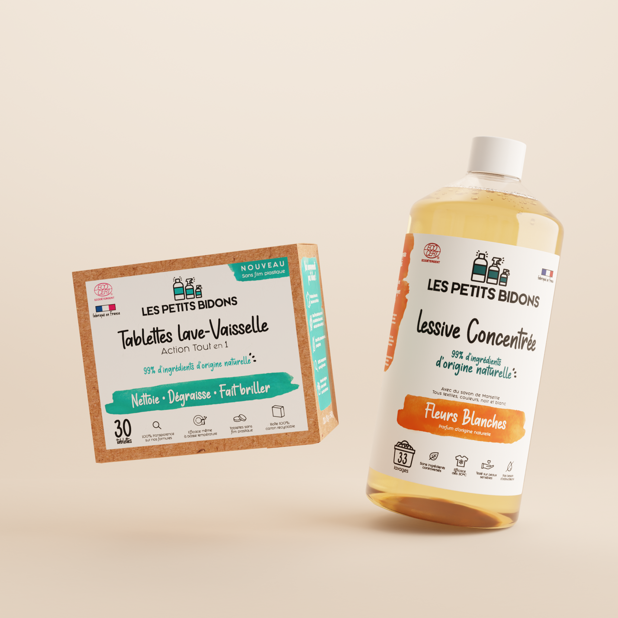 Fleurs Blanches / 1L = 33 lavages Lessive Concentrée 1L (33 lavages) + Action tout-en-1 Tablettes Lave-Vaisselle (30 pastilles)