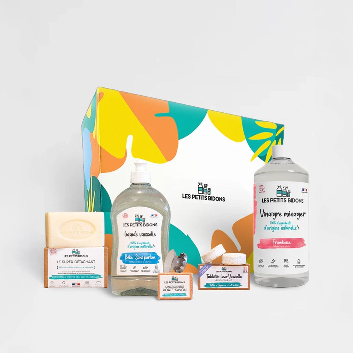 Coffret Découverte Les Petits Bidons avec liquide vaisselle Bébé sans parfum, vinaigre ménager framboise, super détachant, porte-savon et tablettes lave-vaisselle – idéal pour tester les essentiels naturels et écologiques de la maison
